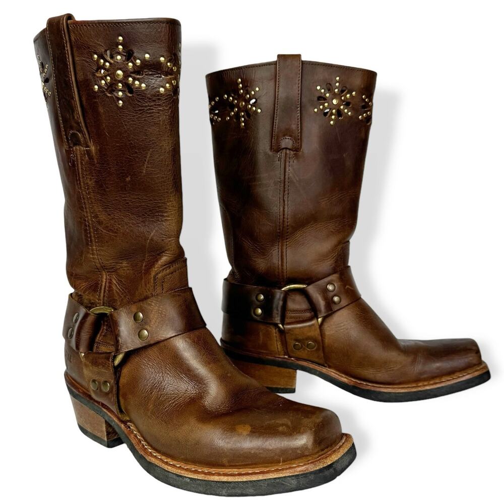 Frye Harness Boots Brown Leather Square Toe Biker Moto Boots Womens size 6
